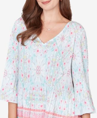 Petite Pleated Tapestry Print Bell Sleeve Top