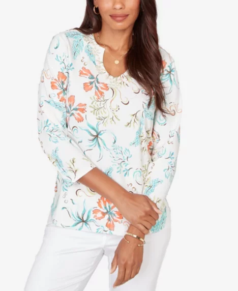 Petite Embellished Oceania Floral Knit Top - Ivory Multi