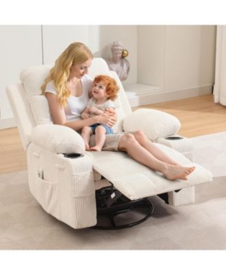 Nursery Recliner Chair, Oversized Corduroy Manual Glider with 360° Swivel, Rocking, Massage & Heat