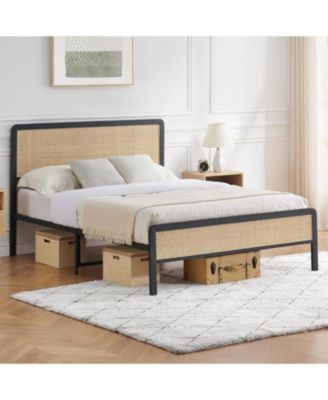 Rattan Queen Bed Frame with Cane Headboard, Boho Platform, Slat Support, No Box Spring, Easy Assembly
