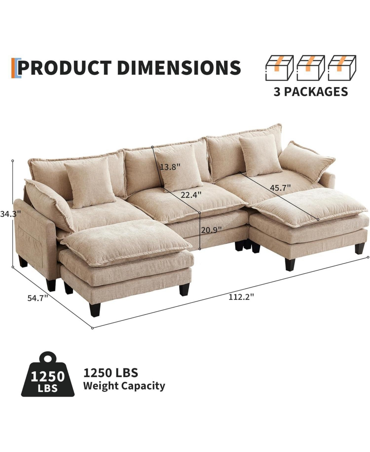 gaomon 112" Modular Sectional Sofa, U-Shape Cloud Couch/Deep Seat/Armrest/Plush Corduroy Fabric, No Assembly Required, Space-Saving