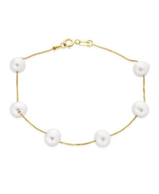 Tin Cup Style 8MM Freshwater Cultured Pearl Station Bracelet Gold Plated .925 Sterling Silver 7 - 8 Inch