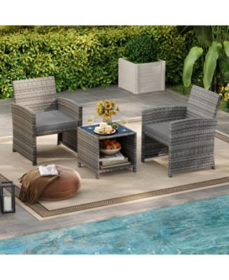 3 Pieces Patio Furniture Set PE Rattan Chairs Set w/ Storage Coffee Table