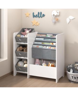 Wooden Bookshelf, 4 Tier Kids Book Display Unit with 3 Collapsible Fabric Drawers, Toy Storage Organizer for Playroom and Nursery