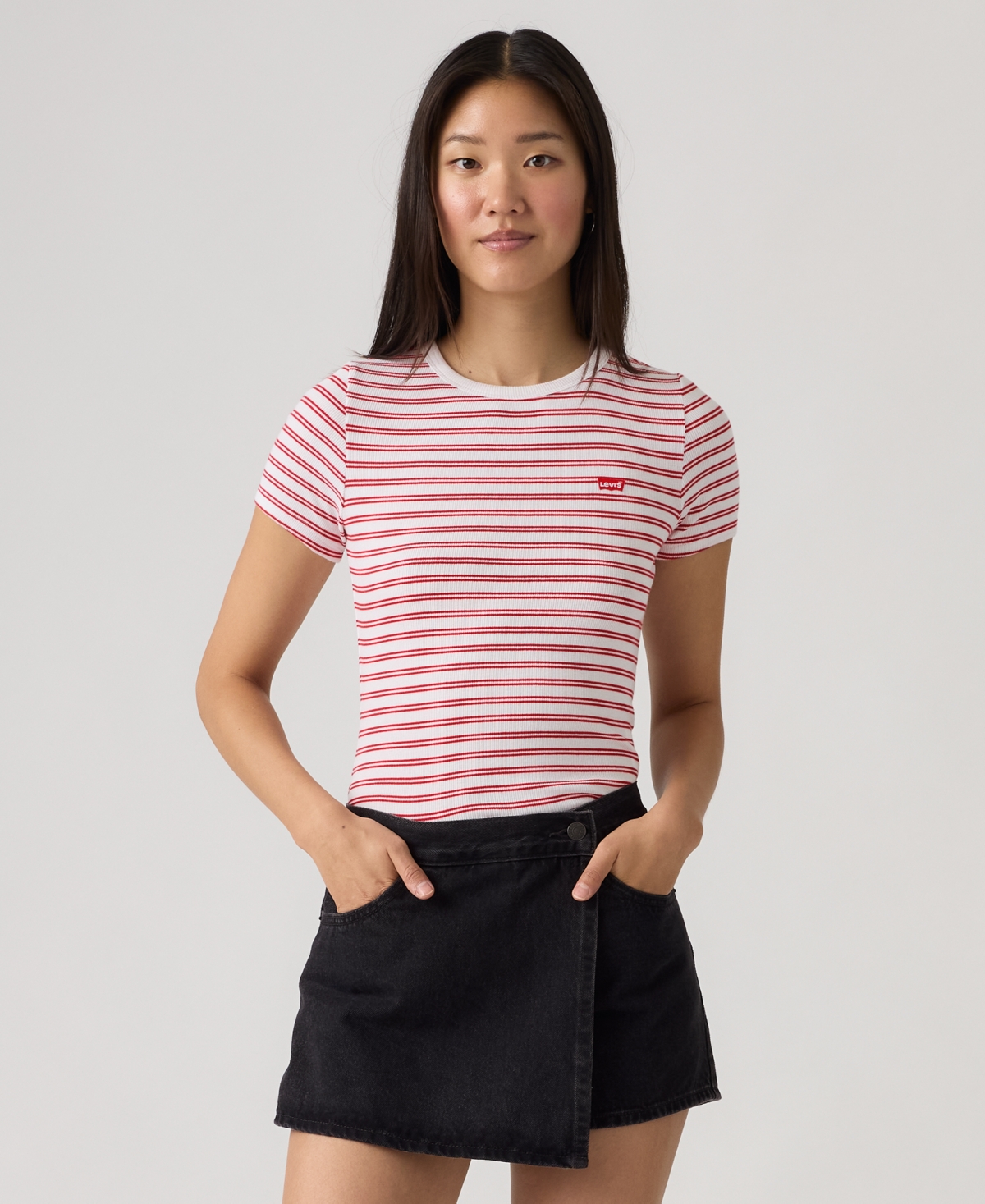 Levi's Women's Hayes Slim-Fit Short-Sleeve Crewneck T-Shirt - Kayleen Stripe Bright White Urban Red