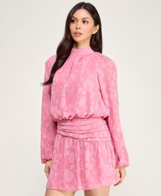 Juniors' Floral Pleated Mock Neck Dress