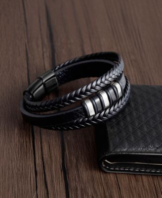 Men's Valente Cuff Leather Bracelet in Stainless Steel