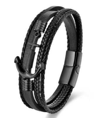 Men's Leather Bracelet in Stainless Steel