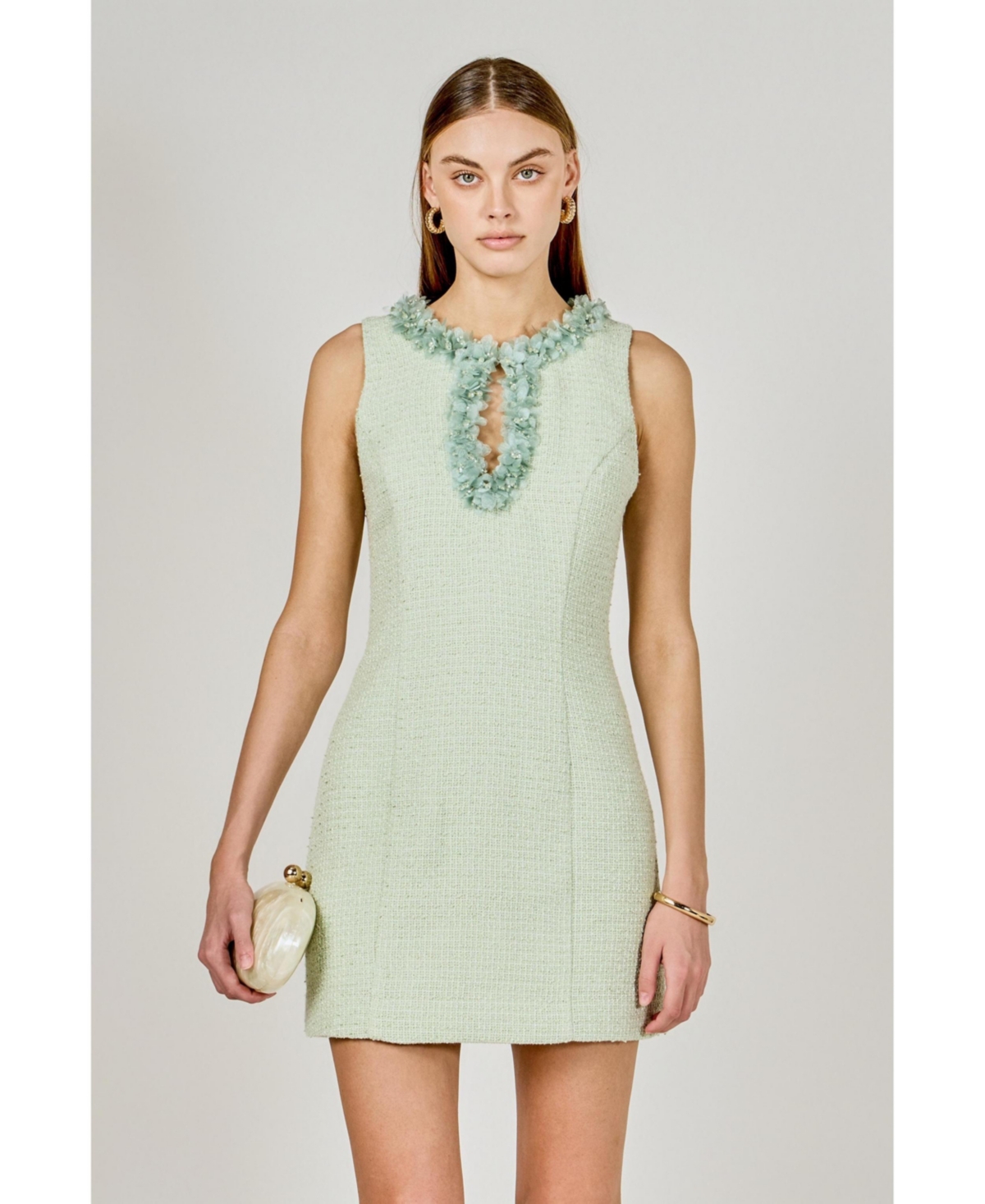 endless rose Women's Tweed Racerback Floral Trim Mini Dress