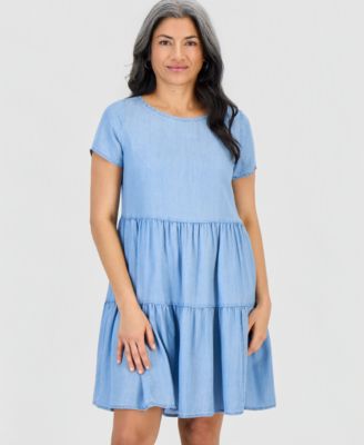 Petite Chambray Knit Tiered Dress