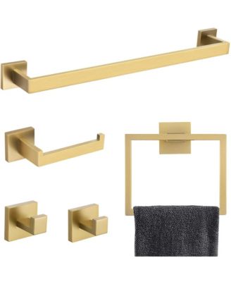 5 Pieces Bathroom Hardware Set, Towel Bar, Towel Holder, Toilet Paper Holder and Towel Hook, Stainless Steel Bath Accessories Kit - Gold