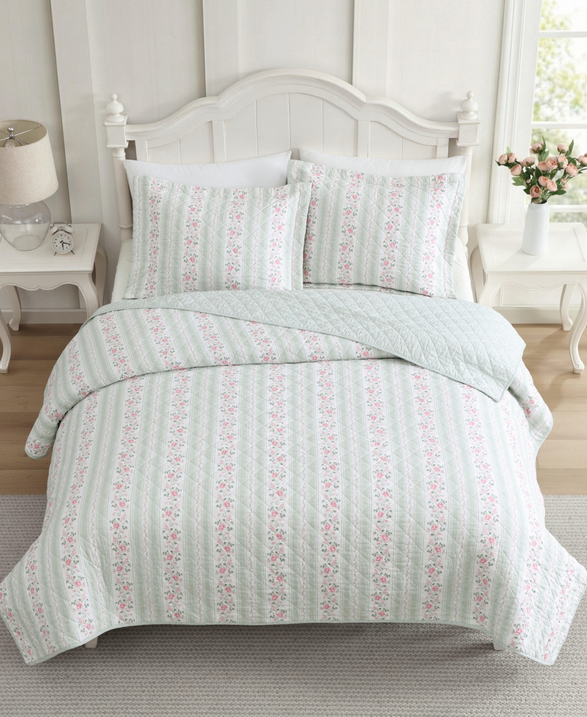 Laura Ashley Rosebud Stripe Reversible 3-Pc. Quilt Set