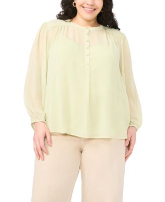 Plus Size Half Placket Shirred Yoke Blouse