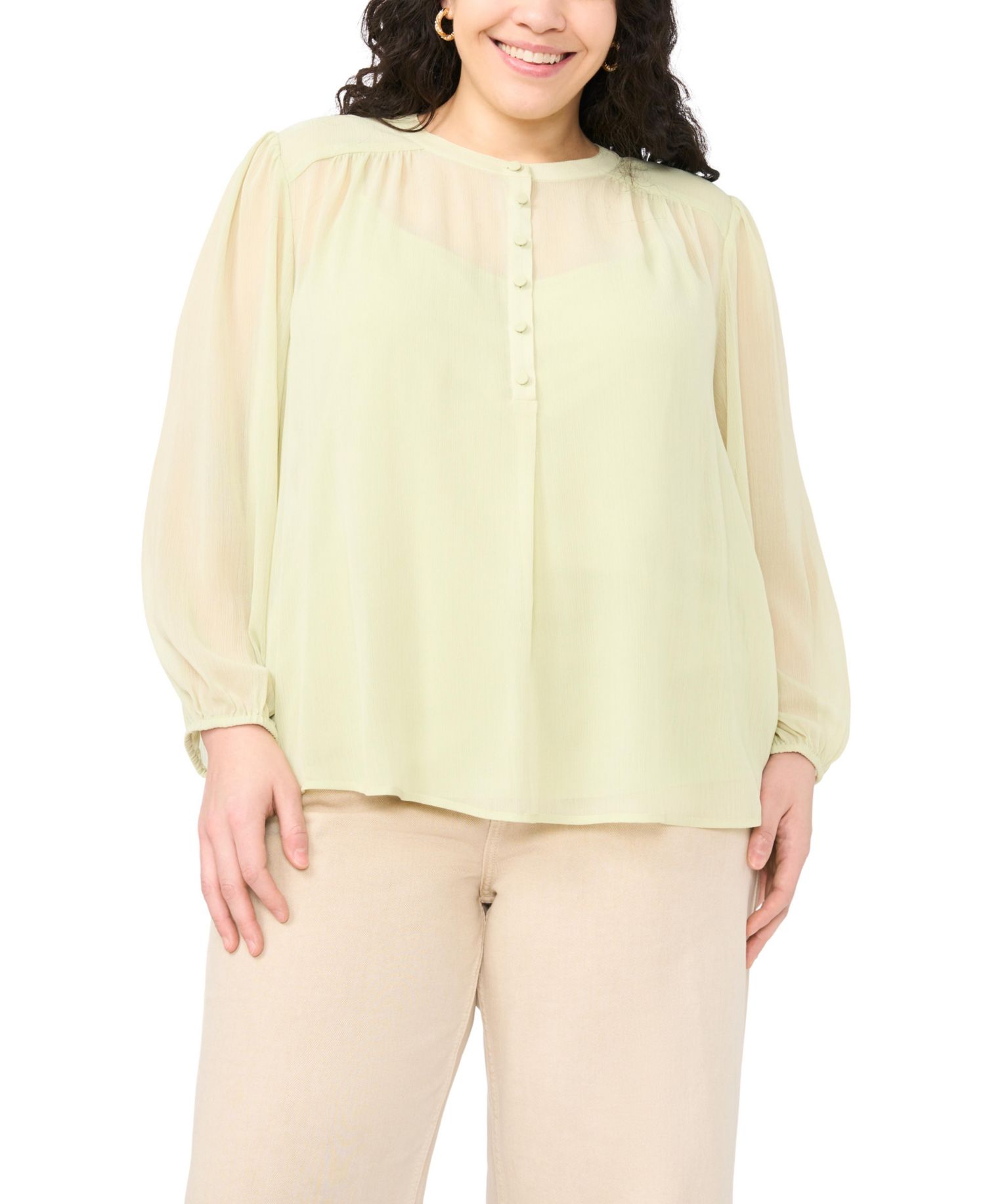 Plus Size Half Placket Shirred Yoke Blouse