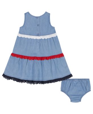 Baby Girls' Lace Trim Denim A-line Dress and Diaper Cover, 2-Piece Set