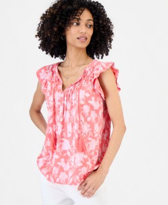 Petite Tie-Neck Pintuck-Front Ruffled Top