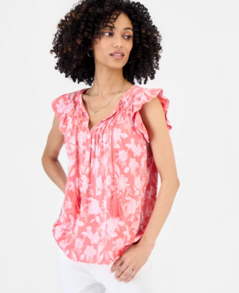 Petite Tie-Neck Pintuck-Front Ruffled Top - Tuscan Coral Combo