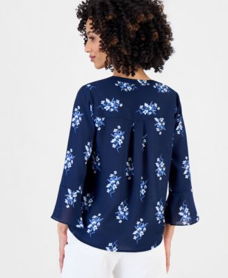 Petite Printed V-Neck Pintuck-Front Top
