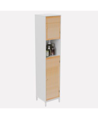 Bathroom Tall Storage Cabinet, Freestanding Organizer with Bamboo Slat Doors, Adjustable Shelves, Modern Narrow Floor Cabinet for Bathroom