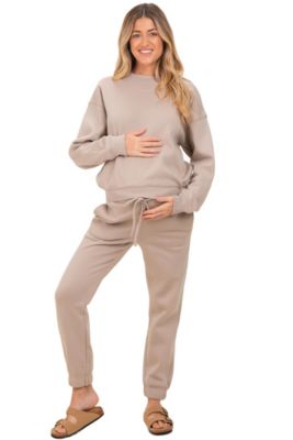 Maternity Brown Fleece Long Sleeve Pullover & Jogger Set