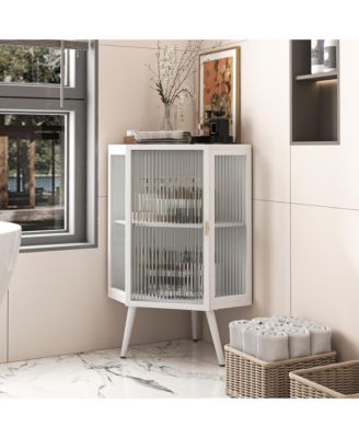 Corner Cabinet - Freestanding Glass Cabinet, Bathroom Storage Cabinet with Tempered Glass Door & Storage Shelf for Bathroom, Living Room