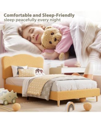 Upholstered Twin XL Size Bed Frame for Kids with Scallop Headboard, Cute Velvet Twin XL Bed for Girls, Boys, Sturdy Platform Bed, No Box Spring