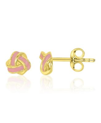 Pink Enamel Knot Stud Earrings in 14k Yellow Gold Over Sterling Silver