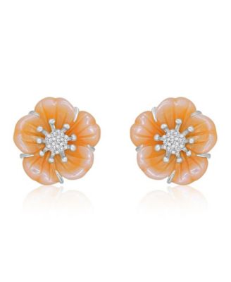 Diamond & Pink Imitation Pearl Flower Stud Earrings in Rhodium Over Sterling Silver