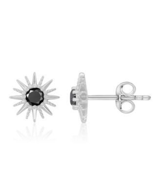 Black Spinel Starburst Stud Earrings in Rhodium Over Sterling Silver