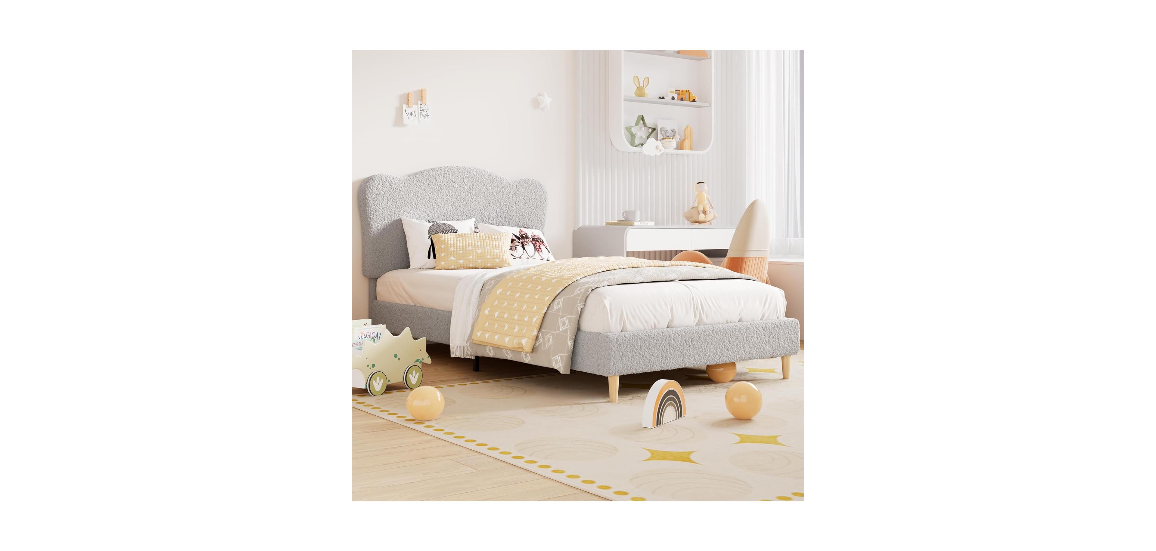 gaomon Upholstered Twin Xl Bed Frame for Kids with Scallop Headboard