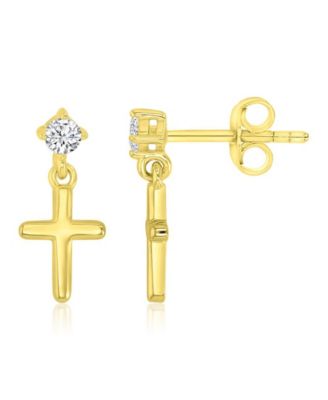 Cubic Zirconia Cross Dangling Earrings in 14k Yellow Gold Over Sterling Silver