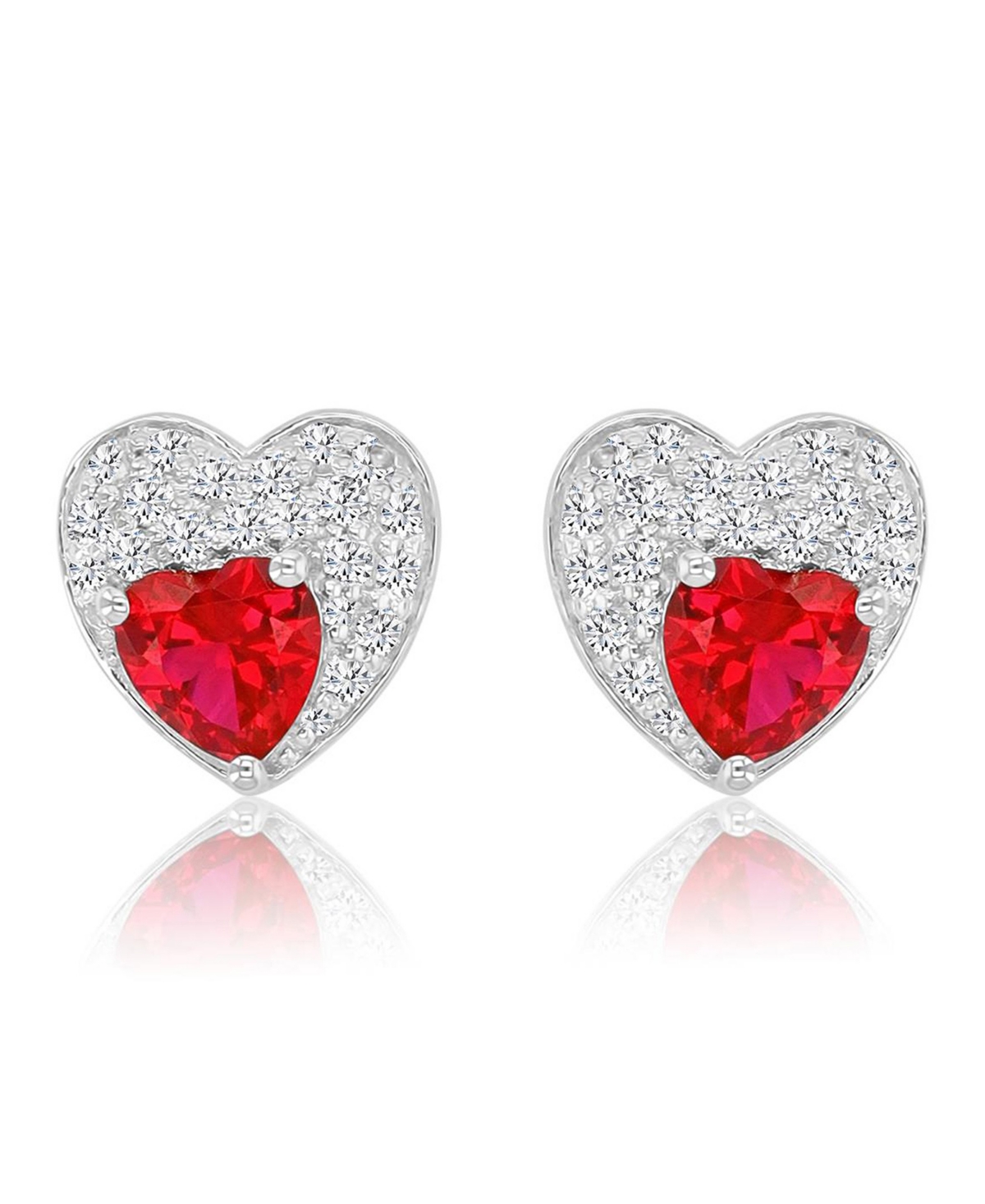 Macy's Created White Sapphire and Ruby Paved Heart Stud Earrings in Rhodium Over Sterling Silver