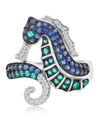 Created Emerald & Sapphire Seahorse Ring in Black Rhodium Over Sterling Silver