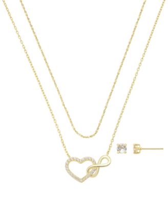 Cubic Zirconia Infinity Heart Pendant Layered Necklace with Earring Set
