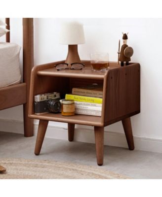 Modern Beech Nightstand with Open Storage & Cable Hole Bedside Cabinet