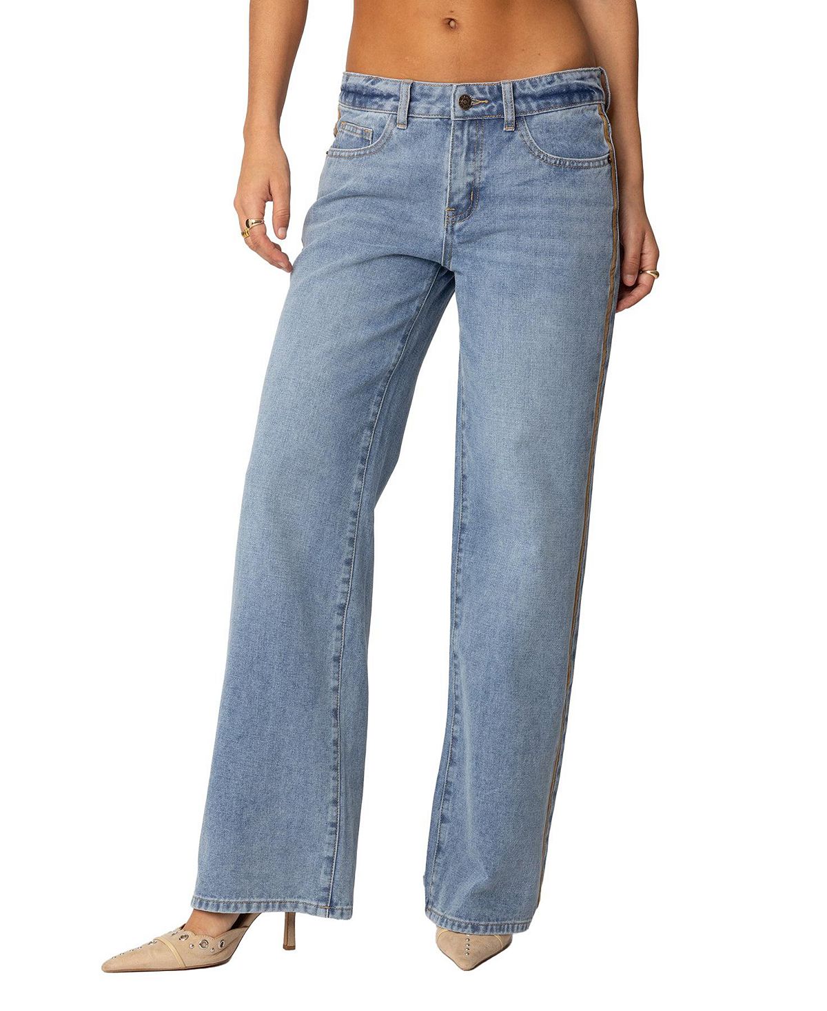 Edikted Women's Faux Suede Stripe Low Rise Straight Leg Jeans view 1 — MAYCSS fashion products