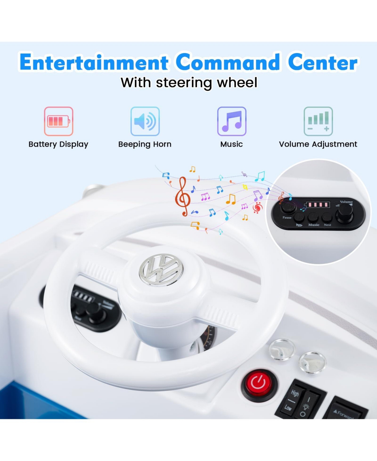 Mecale 12V Ride On Car Licensed Volkswagen Ride-on Bus with Cup Holder and Led Headlights for 3+ Years Old-Blue