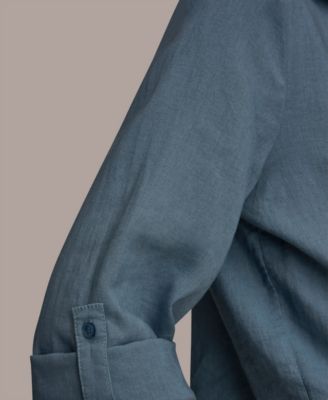 Women's Linen Roll Tab Sleeve Button Front Tie Blouse