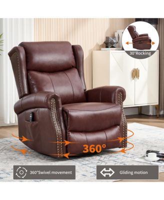 Heat Massage Manual Recliner Chair with Rocker and Swivel in Genuine Leather for Living Room