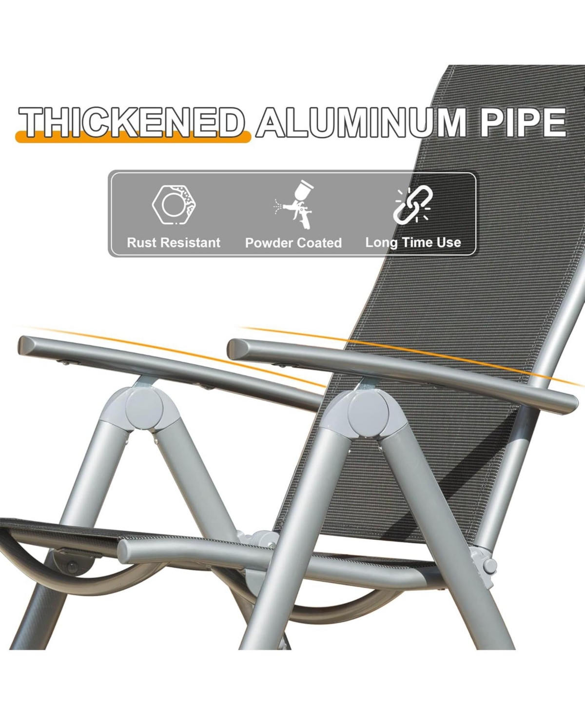 Clihome Patio Folding Chairs Set of 2, Aluminium Frame Outdoor Reclining Patio Chairs Textilene Fabric Seat, Dark Gray