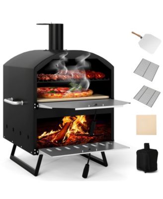 Outdoor 16 Inch 2-Layer Wood Fired Pizza Oven with Square Stone