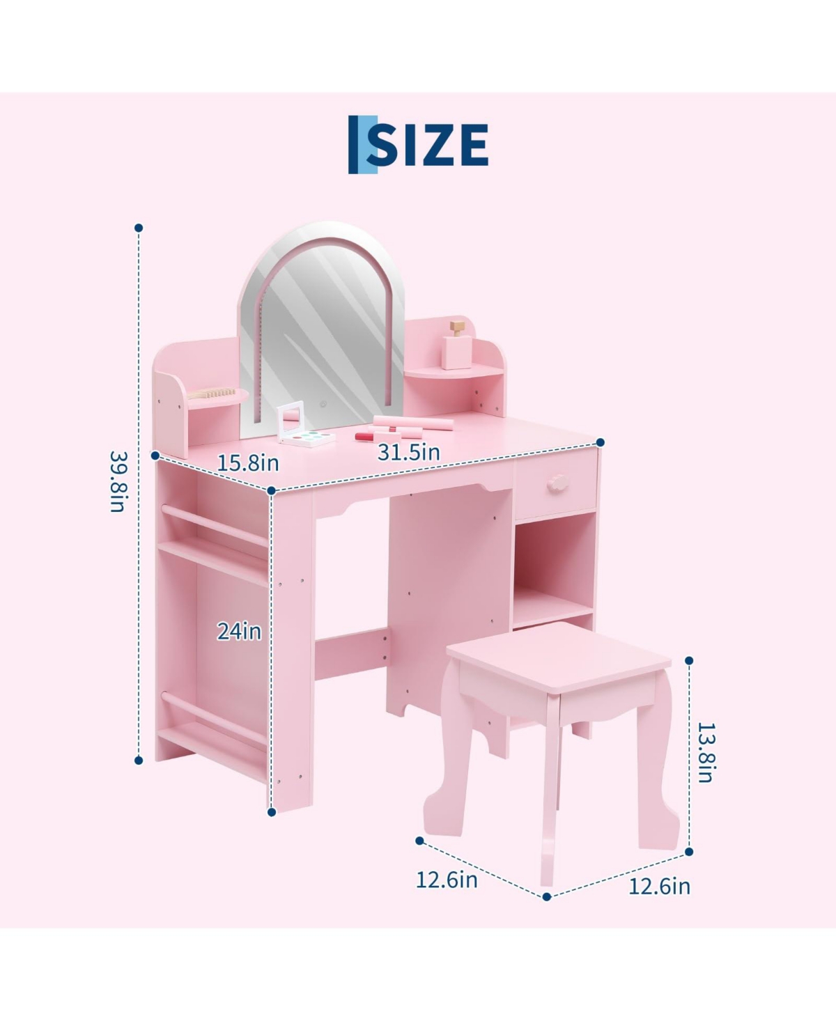 gaomon Kids Vanity with Lighted Mirror & Stool, Little Girls Vanity with Adjustable Led Light
