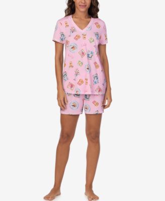 Women's Short-Sleeve V-Neck Top and Boxer Jersey, 2-Piece Pajama Set