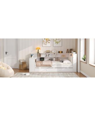 Wood Full Platform Bed with Storage, Trundle, Charging, LED