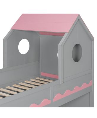 Bed House and Drawer, Staircase, LED, Twin Over Twin