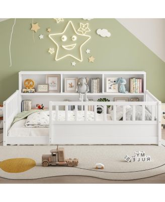 Wooden Fence Guardrail and Storage Floor Bed, Twin Size