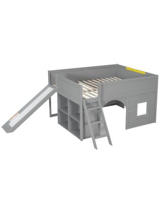 Full Size Wooden Low Loft Bed with Storage, Slide, Door, Window