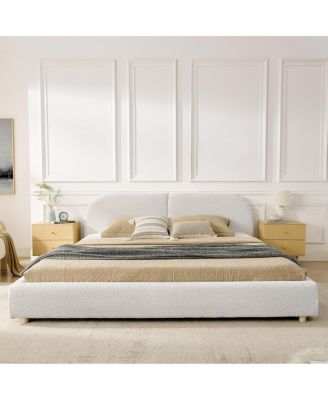 King Size Beige Upholstered Bed Frame with Curved Headboard