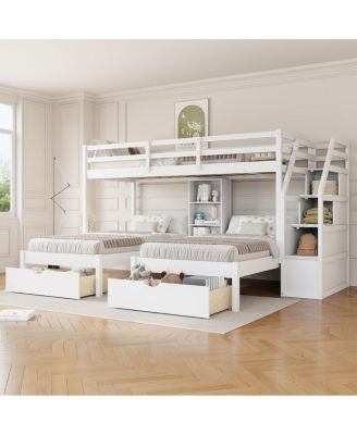 Streamdale Twin/Twin/Twin Triple Bunk Bed w/ Drawers, Stairs, Shelves
