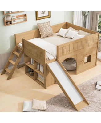 Streamdale Full Size Wooden Low Loft Bed with Storage, Slide, Door & Window